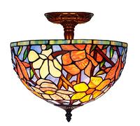 12" Tify Style Ceiling Light Fixture Stained Glass Semi Flush Mount Ceiling Lamp,2 Light, Traditional Dimmable Metal Decor Chandeliers for Bedroom Kitchen Dining Living Room Entry