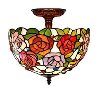 12" Tify Style Ceiling Light Fixture Stained Glass Semi Flush Mount Ceiling Lamp,2 Light, Traditional Dimmable Metal Decor Chandeliers for Bedroom Kitchen Dining Living Room Entry