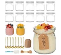 12 Vasos Yogurtera con Tapa, Pequeñas Vasitos Para Postres De 200 Ml | Tarros De Cristal con Tapa, Etiqueta, Cordel y Cepillo, Tarros Cristal Conservas para Yogur Gelatina Pudín Mermeladas