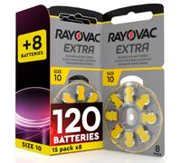 120 Baterías para Audífonos Rayovac Extra Taille 10 Amarillo + 8 Udivita | 15+1 Pack de 8 Pilas de Audífono