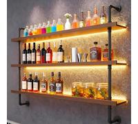 120 cm Botellero de Pared con LED para Vino, Botellero de Madera para Vino de 3 Niveles con Tuberías Metálicas, Botelleros Industrial de Pared de Madera y Acero para Bar, Cocina, Hogar y Restaurante