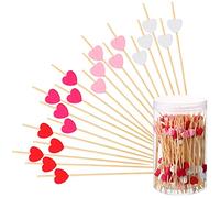 120 Palillos de Dientes Adornados para Aperitivos Palo de Cóctel de Corazón de San Valentín de Bambú de 4,7 Pulgadas de Largo Palillo de Dientes Adornado de Rosa Rojo para Bebida Fruta Boda