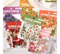 120 piezas/6 bolsas de pegatinas de esquinas de flores, pegatinas de PET, suministros para diarios de basura para journaling, suministros para álbumes de recortes, manualidades y estética decorativa