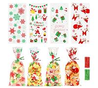 120 Piezas Bolsas Celofan Navidad, Bolsas para Chuches Transparente con Lazos de Torsión, Plastico Bolsas Papel Regalos Navideños Decoraciones para Galletas Chocolate Gominolas Galletas Dulces