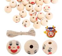 120 Piezas Cuentas de Madera Sonrientes 20mm, Cuentas de Madera Redondas naturales con agujeros, puede hacer sus propias pulseras de cuentas de madera y otras artesanías
