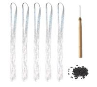 1200 extensiones de cabello láser plateado, con 1 ganchillo y 100 anillos de empalme de peluca, peluca de extensión de pelo alargada, pelo intermitente de hadas, juego de extensiones de cabello