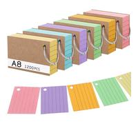 1200 unidades, A8, 150 g/m², tarjetas de aprendizaje a rayas, con encuadernación de fuerza y anillo de hojas sueltas, tarjetas de aprendizaje en 6 colores para aprendizaje de vocabulario, escuela