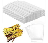 1200PCS Lollipop Cake Pop Treat Bag Set Including 400pcs Parcel Bags, 400pcs Papery Treat Sticks, 400pcs Gold Metallic Twist Ties for Making Lollipops, Cake Pops, Candies, Chocolates and Cookies