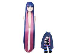120cm de largo, azul, mezcla azul, flequillo plano rosa, fibra de alta temperatura, pelo sintético, medias, pelucas de cosplay + gorro de peluca