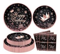 120Pcs Negro y Rosa Decoración del partido de Oro y Negro Rose Gold & Negro Fiesta de Cumpleaños de Oro Negro Rose Gold Vajilla Set-Plato, Servilleta para la Mujer Chica Decoración de cumpleaños
