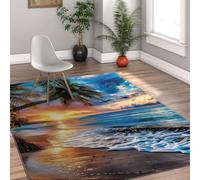 120x160cm Alfombra Playa Tropical Atardecer Palma Olas del Mar | Alfombra antideslizante lavable con arena alfombra costera de pelo bajo para salón oficina comedor comedor