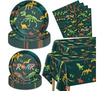 122 piezas de decoraciones de cumpleaños de dinosaurio, incluyendo platos de dinosaurio, servilletas, mantel de dinosaurio, decoraciones de cumpleaños para niños y niños, suministros de cumpleaños de