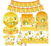 123 Pack Bee Party Supplies Bee Themed Birthday Party Decorations Set Honey Bee Happy Birthday Supplies Incluye Platos, Servilletas, Banner de Cumpleaños, Mantel de Fiesta para 40 Invitados