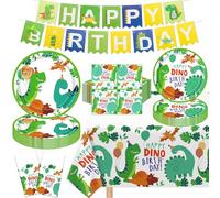 123 Pack Fiesta de Dinosaurios Set de Decoración para Cumpleaños de Dinosaurios Happy Birthday Supplies Incluye Platos, Servilletas, Banner de Cumpleaños, Mantel de Fiesta para 40 Invitados