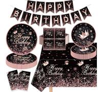 123 Pack Negro y Oro Rosa Fiesta de Cumpleaños Set de Decoración Negro Rosa Oro Feliz Cumpleaños Incluye Platos, Servilletas, Bandera de Cumpleaños, Mantel de Fiesta Para 40 Personas