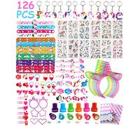 126 Piezas Cumpleaños Unicornio Regalo de Fiesta,Diadema Pulsera Llavero Sello Tatuaje Marcapáginas Anillo Fiesta Bolsa,Piñata Cumpleaños Infantil