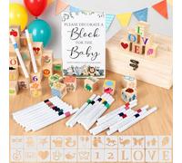 128 Piezas Kit Juegos de Baby Shower, Incluye 48 Bloques de Madera|24 lápices de Colores| 54 Plantillas|Caja de Madera, Creatividad de Madera, Decoración con lápiz de Color, para Baby Shower
