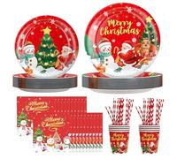 128 Piezas Navidad Vajilla de Fiesta,Vajilla de Navidad para 16 Personas,vasos y servilletas, Pajitas, Decoraciones de Fiesta de Navidads