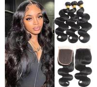 12A Human Hair Bundles with Closure 18 20 22+16 Inch Brazilian Body Wave Bundles with 4x4 HD Lace Closure Unprocessed Virgin Human Hair Natural Black