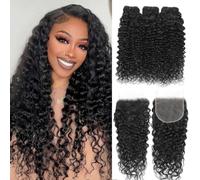 12A Water Wave Human Hair Bundles with Closure Paquetes de Tejido Rizado Cabello Humano 100% sin Procesar Cabello Humano Virgen Brasileño 3 Paquetes con Cierre de Encaje 16 18 20+14 Pulgadas