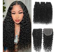 12A Water Wave Human Hair Bundles with Closure Paquetes de Tejido Rizado Cabello Humano 100% sin Procesar Cabello Humano Virgen Brasileño 3 Paquetes con Cierre de Encaje 22 24 26 +20 Pulgadas