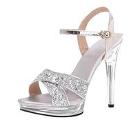 12cm Glitter Thin Heel High Heels Summer Sexy Fish Mouth Platform Crystal Open Toe Sandals Comfortable Female Party(Dark Khaki,39)