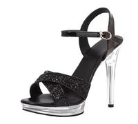 12cm Glitter Thin Heel High Heels Summer Sexy Fish Mouth Platform Crystal Open Toe Sandals Comfortable Female Party(Brown,37)