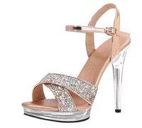 12cm Glitter Thin Heel High Heels Summer Sexy Fish Mouth Platform Crystal Open Toe Sandals Comfortable Female Party(Grey,35)