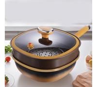 12in Titanium Alloy Non-stick Pot with Lid, with Ergonomic Stay-Cool Handles,for Cooking, Frying, Baking (Pot + Lid) (Pot + pot lid + steaming cage,gold)