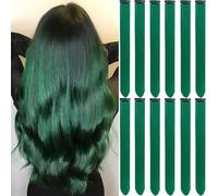 12Packs Colored Hair Extensions 21.65Inch Straight Color Clip in on Hair Extension Rainbow Party Cosplay Highlights Synthetic Hairpiece for Women (Dark green)