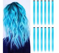 12Packs Colored Hair Extensions 21.65Inch Straight Color Clip in on Hair Extension Rainbow Party Cosplay Highlights Synthetic Hairpiece for Women (Sky Blue)