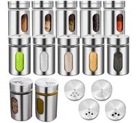 12Pcs 100ml Botes Especias con 3 Tipos Dosificadores, Tarros Acero Cristal Inoxidable Lavavajillas, Frascos Espaciarías Sal Pimienta Cocina para Conservar y Dosificar Pimentón, Polvos, Hierbas Secas