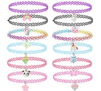 12PCS Gargantilla Collar Set para Niños Adolescentes Mujeres, Colgante Unicornio Arco Iris Panda Gato Corazón Flor Sirena Gargantillas Henna Tattoo Stretch Elastic Negro Rosa Verde Azul Rojo