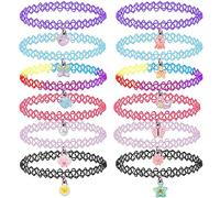 12PCS Gargantilla Collar Set para Niños Adolescentes Niñas Mujeres, Colgante Unicornio Arco Iris Panda Gato Corazón Flor Sirena Gargantillas Henna Tattoo Stretch Elastic Negro Rosa Verde Azul Rojo