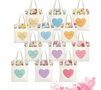 12pcs Mini Conversation Heart Canvas Bags, Heart Shaped Canvas Gift Tote Bag,Valentine’s Day Heart Tote for Gifts,Coins (12PCS)