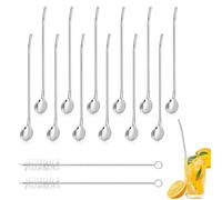 12PCS Pajitas De Acero Inoxidable Cuchara, 2 en 1 de Acero Inoxidable con 2 Cepillos de Limpieza, Cucharas Largas para Smoothies, Granizados, Batidos, Cócteles y Tés Helados