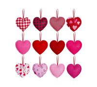 12Pcs Valentines Day Ornaments Plaids Check Fabric Wrapped Heart Hanging Pendants Charm for Wedding Anniversary Decors