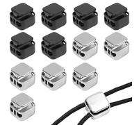 12uds Cerraduras de Cordón Resistentes, Cerraduras de Cordón de Presión de Metal de Doble Orificio Cierre de Tope de Cordón Pantalones de Paracord Cordones de Zapatos (Negro, Plateado)
