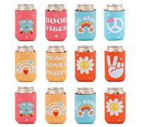 12uds Manga para Latas para Enfriador de Latas, Despedida de Soltera Retro Fundas para Enfriador de Latas de Cerveza Fundas para Latas para Bebidas Frías Refrescos Fiestas Hippie (4 Estilos)
