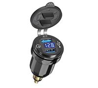 12V/24V Adaptador USB DIN Moto:Cargador Doble QC 3.0, Toma Mechero 12V, Aluminio Impermeable con Voltímetro, para Motos Europeas Ducati Triumph BMW