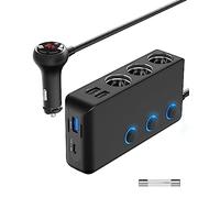 12V/24V Multipuerto USB-C PD Adaptador Divisor Encendedor Cigarrillos : 200W 3 Tomas Adaptador Enchufe Mechero con Voltímetro LED y Interruptor de Alimentación para Coche, Autocaravanas, Moto y Barco