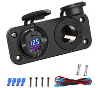 12V/24V Panel de Enchufe Cigarrillos Mechero USB : 12V Aluminio Toma USB Coche 20W PD y QC3.0 150W Toma de Encendedor Cargador de Coche con Interruptor y Voltímetro para Coches, Autocaravanas, Barcos