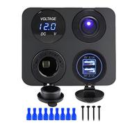 12V Marina Interruptor Panel Enchufe USB 4-en-1 para Caravana, Camión e Barco, Cargador de Coche Panel con Encendedor de 240 W, dos Puertos USB, Voltímetro LED Azul e Interruptor Basculante