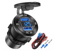 12V Salida USB Alambre Aluminio Cargador de Coche de Varios Puertos, Doble QC 3.0 U-S-B y PD USB-C Socket con Interruptor de voltímetro para Coche Barco Camión Marino, Carga rápida para iPhone iPad