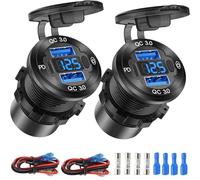 12V Salida USB Alambre de Aluminio Cargador Coche de Varios Puertos, Doble QC 3.0 U-S-B y PD USB-C Socket con Interruptor de voltímetro para Coche Barco Camión Marino, Carga rápida para lPhone lPad