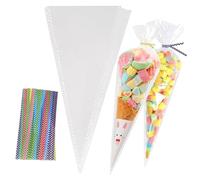 13 × 25 cm Crystal Clean Cone Bags, 100 bolsas de dulces conos de celofán para dulces, conos dulces transparentes triangulares para Halloween, bocadillos de Navidad, chocolates, dulces y mucho más