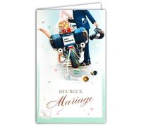 13-6159 Tarjeta con Sobre Feliz Boda Just Married Felicitaciones a los Novios para Pareja Hombre/Mujer Motocicleta Moteros Ramo de Flores de la novia Anillos Alianzas Amor Corazones - Hecho en Europa
