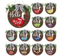 13 coronas intercambiables de madera en forma de ganso para puerta de entrada, temporada de fiestas de bienvenida, paneles intercambiables "Hello Geese", coronas colgantes para casa al aire libre