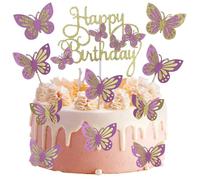 13 decoraciones de mariposa para tartas de cumpleaños, decoración de pastel dorado y rosa, para niñas y mujeres