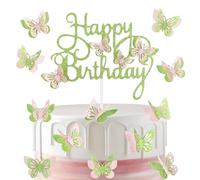 13 piezas de decoraciones de tarta de feliz cumpleaños verdes y rosas, decoraciones de tarta de mariposa para niñas, decoraciones de fiesta verdes y rosas, decoraciones de tarta de mariposa con